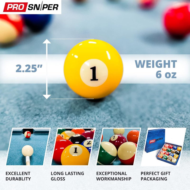 Prosniper Billiard Balls - 16 Premium Pool Ball Set Including 4X Cue Tips and 4X Blue Chalk I 6 oz & 2.25 inches I Pool Table Accessories for Beginners & Professionals I Made of Pure Resin - Image 3